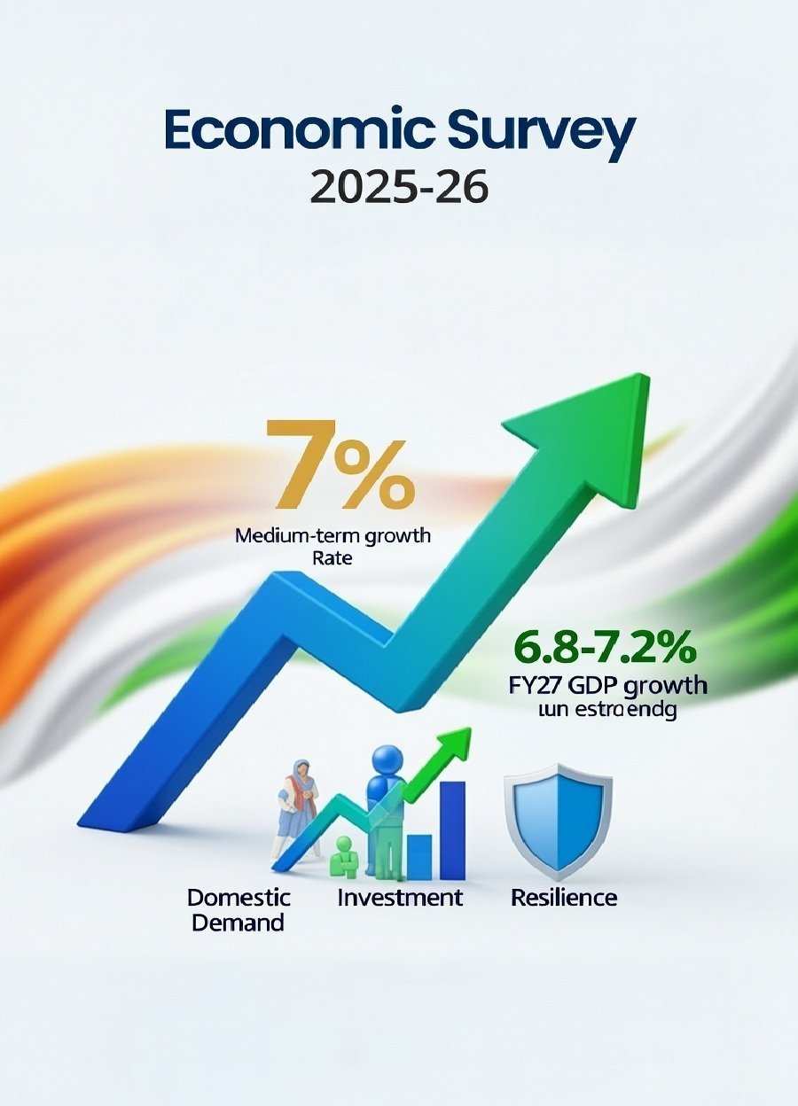 आर्थिक सर्वेक्षण 2025-26 : भारत की मध्यम अवधि विकास दर 7% पर, FY27 में GDP ग्रोथ 6.8-7.2% अनुमानित