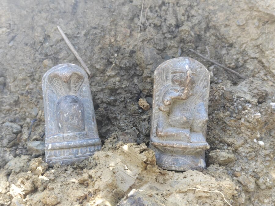 किमोली-चिलोली में खुदाई के दौरान मिली प्राचीन गणेश प्रतिमा और नाग अलंकृत शिवलिंग